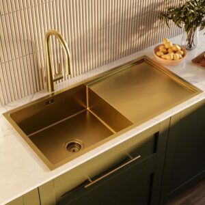 1 Bowl Brushed Brass Stainless Steel Inset Kitchen Sink with Pull Out Mixer Tap Set - Enza
