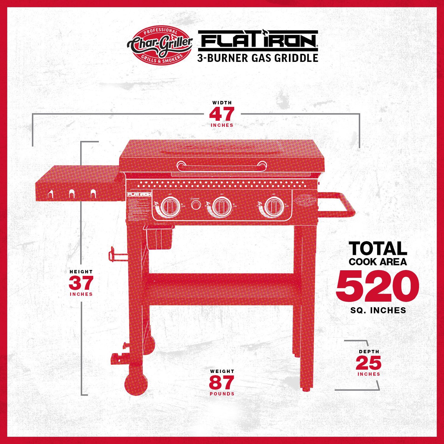 Char-Griller 3 Burner Flat Iron Gas Griddle - Image 7