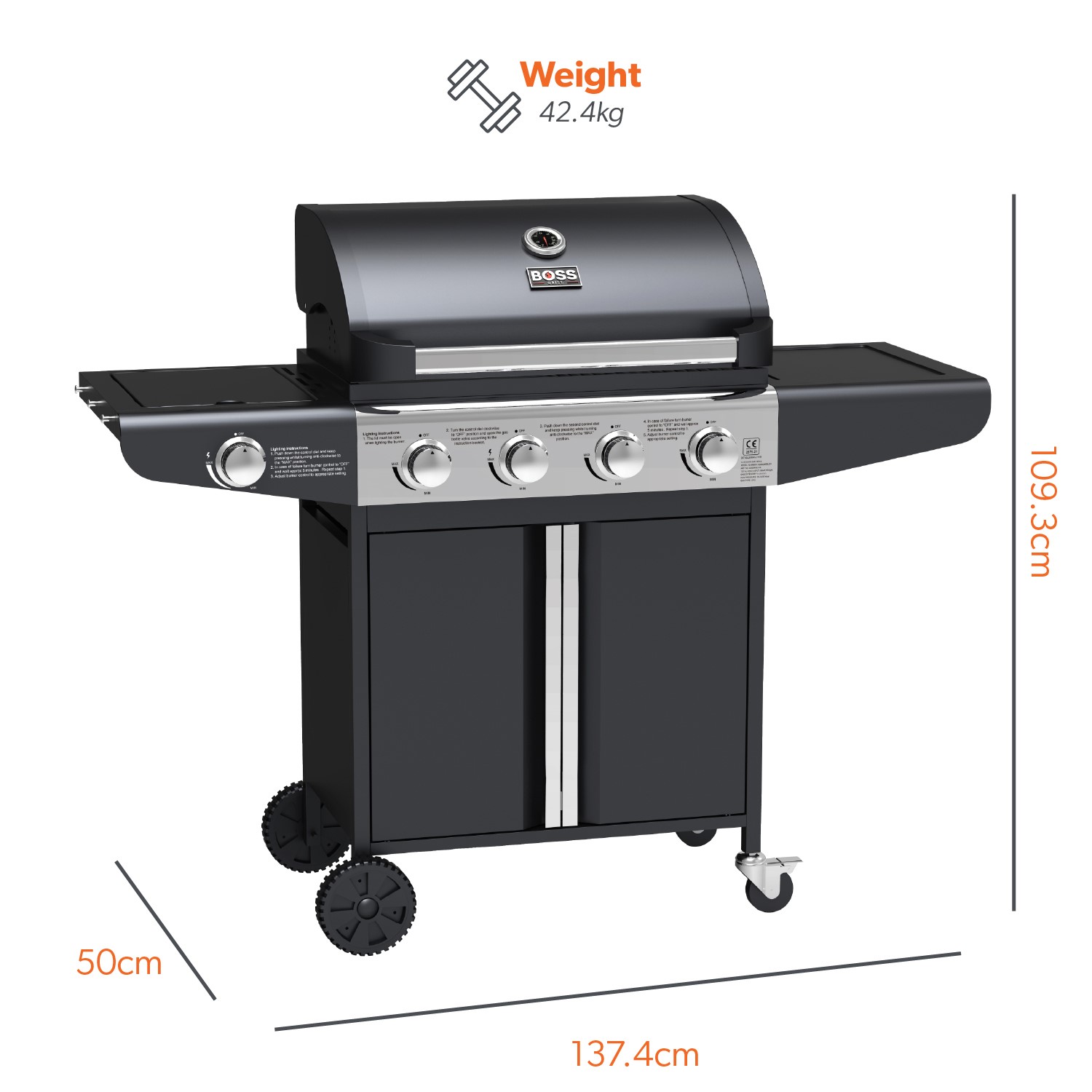 Boss Grill Kentucky Premium - 4 Burner Gas BBQ Grill with Side Burner - Black - Image 7