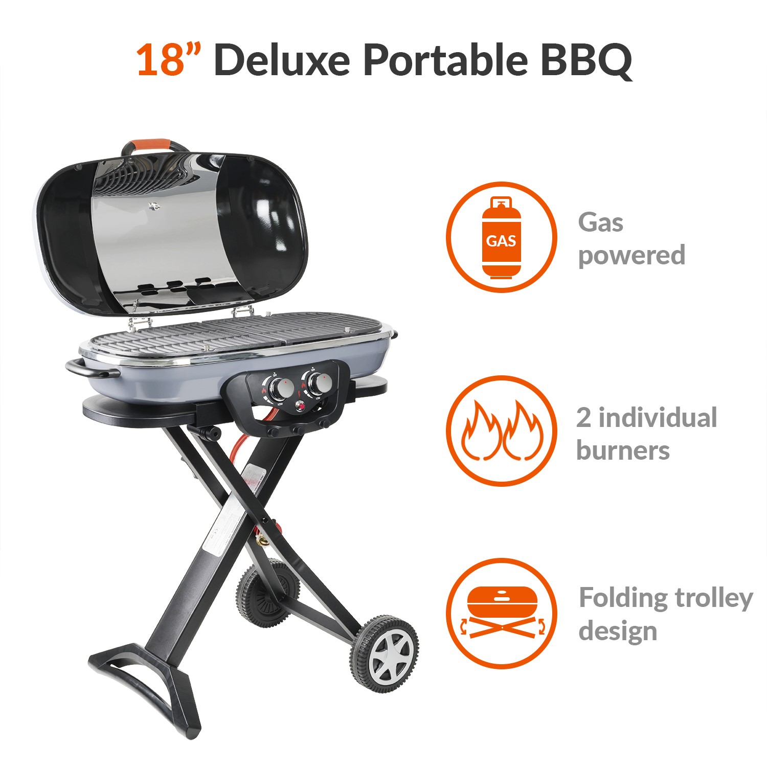 Boss Grill Deluxe Portable - 2 Burner Gas BBQ Grill with Trolley - Grey - Image 3
