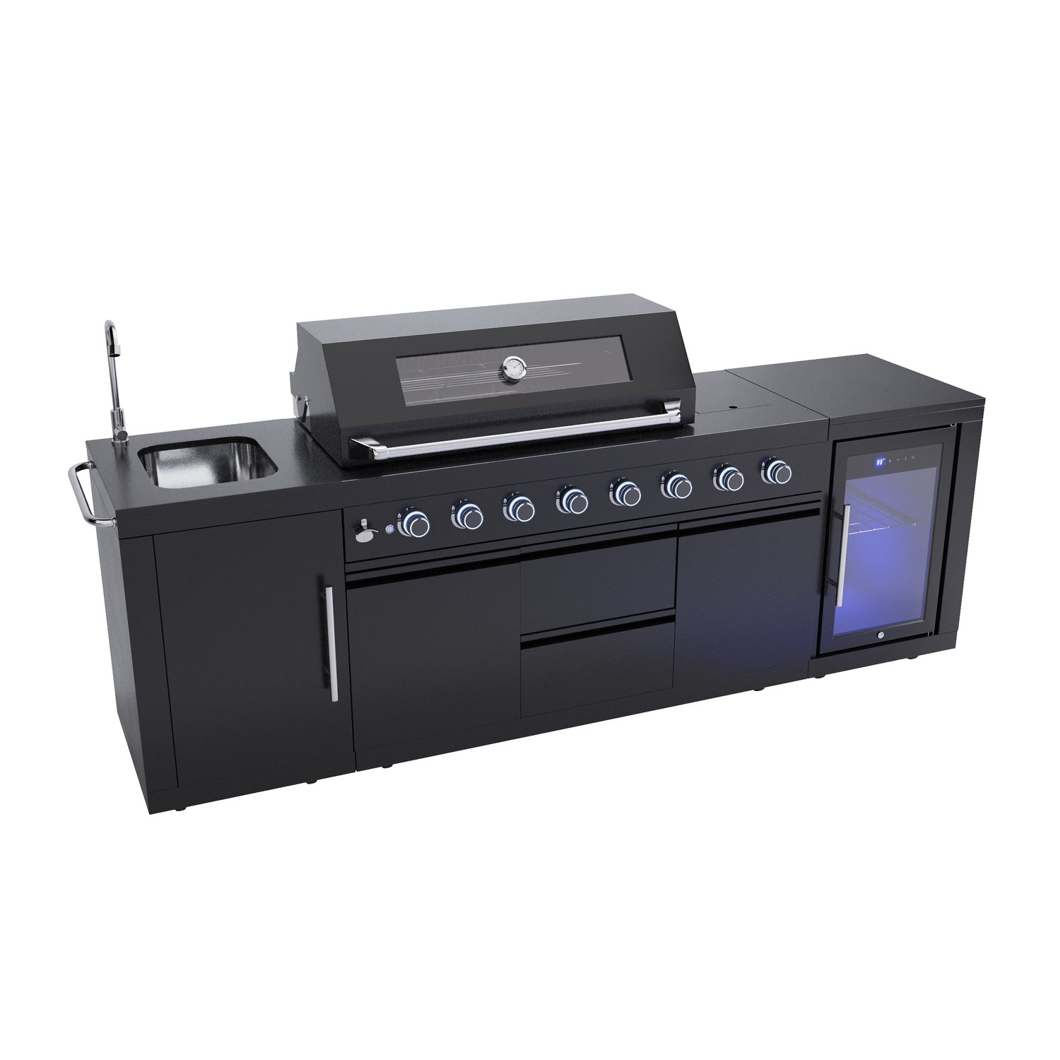 Monster Grill - Ultimate Outdoor Kitchen in Black - 6 Burner Gas BBQ Grill with Fridge and Sink